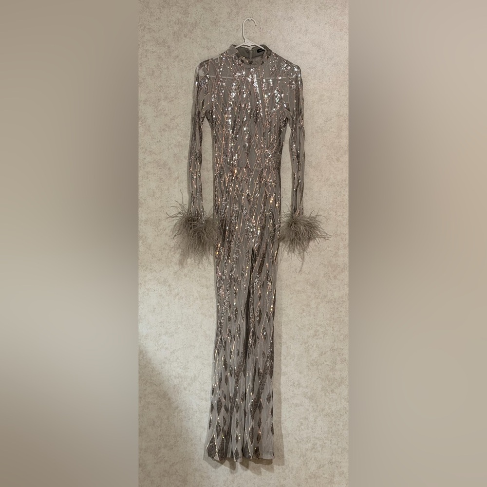 Banjul Taupe Sequined Long-Sleeve Jumpsuit with Feather Cuffs